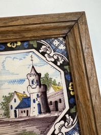 A framed six-piece 'Musicians' tile panel and two 'Landscape' tiles, France, 19th C.