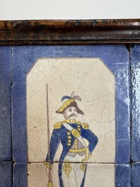 A framed six-piece 'Musicians' tile panel and two 'Landscape' tiles, France, 19th C.