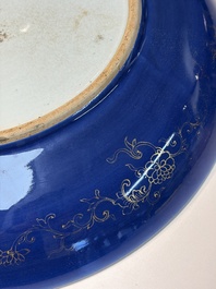 A large Chinese gilt-decorated powder-blue-ground 'Dragon' dish on a later wooden stand, Guangxu mark and of the period