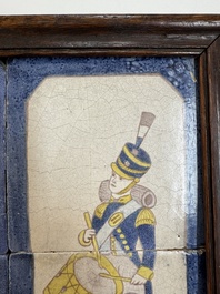 A framed six-piece 'Musicians' tile panel and two 'Landscape' tiles, France, 19th C.