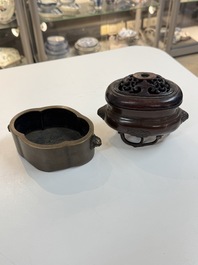 Two Chinese bronze censers, one with a wooden cover,  Ti An 惕庵 mark, 19th C.