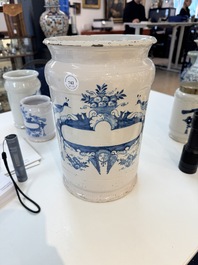 Five blue and white Dutch Delft albarello-type apothecary jars, 18th C.