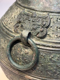 An extremely rare Chinese archaic bronze wine vessel, 'Hu 壺', Warring States period