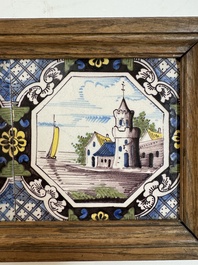 A framed six-piece 'Musicians' tile panel and two 'Landscape' tiles, France, 19th C.
