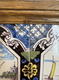 A framed six-piece 'Musicians' tile panel and two 'Landscape' tiles, France, 19th C.