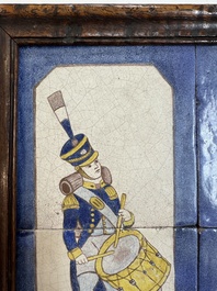 A framed six-piece 'Musicians' tile panel and two 'Landscape' tiles, France, 19th C.
