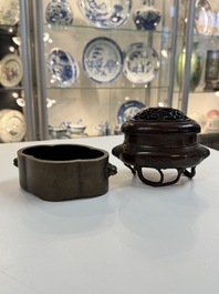 Two Chinese bronze censers, one with a wooden cover,  Ti An 惕庵 mark, 19th C.