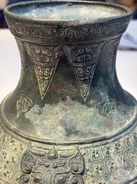 An extremely rare Chinese archaic bronze wine vessel, 'Hu 壺', Warring States period