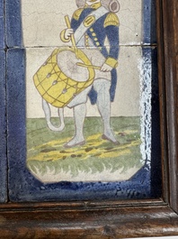 A framed six-piece 'Musicians' tile panel and two 'Landscape' tiles, France, 19th C.