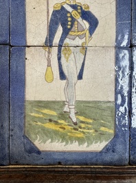 A framed six-piece 'Musicians' tile panel and two 'Landscape' tiles, France, 19th C.