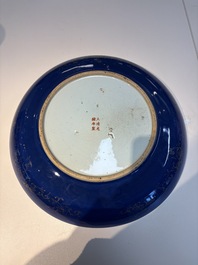 A large Chinese gilt-decorated powder-blue-ground 'Dragon' dish on a later wooden stand, Guangxu mark and of the period