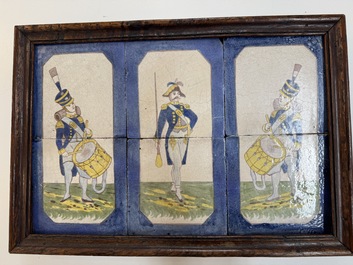 A framed six-piece 'Musicians' tile panel and two 'Landscape' tiles, France, 19th C.