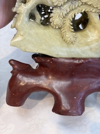 A fine Chinese carved soapstone 'Squirrels and Grapes' group and a 'Phoenixes among Peonies' group, 20th C.