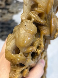 A fine Chinese carved soapstone 'Dragons among Clouds' group and a 'Phoenixes and Cranes' group, 20th C.