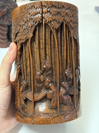 A group of 11 Chinese carved bamboo and wooden works, 19/20th C.