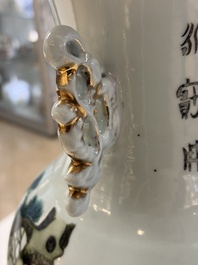A Chinese famille rose 'Meng Mu San Qian 孟母三遷' and 'Antiquities' vase, signed Ye Yichun 葉宜春, dated 1923