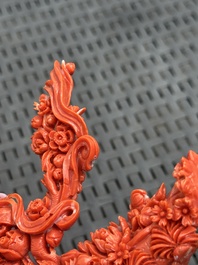 A Chinese carved red coral 'Goddess and Boy' group, 19/20th C.