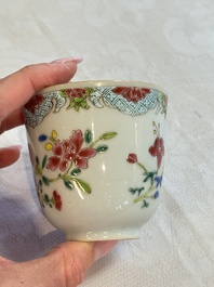 Eight sets of Chinese famille rose cups and saucers with floral design, Qianlong