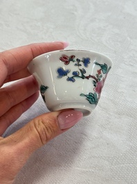Four Chinese famille rose cups and saucers, Yongzheng/Qianlong