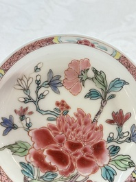 Four Chinese famille rose cups and saucers, Yongzheng/Qianlong