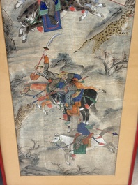 Chinese school: four 'Hunting Scene' paintings, ink and colour on paper, 19/20th C.