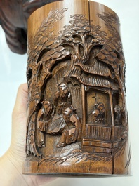 A group of 11 Chinese carved bamboo and wooden works, 19/20th C.