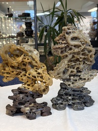 A fine Chinese carved soapstone 'Dragons among Clouds' group and a 'Phoenixes and Cranes' group, 20th C.