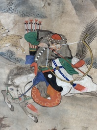 Chinese school: four 'Hunting Scene' paintings, ink and colour on paper, 19/20th C.