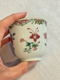 Eight sets of Chinese famille rose cups and saucers with floral design, Qianlong