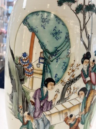 Three Chinese famille rose vases, signed Hu Yuanxin 胡源鑫, Luo Yisheng 羅義盛 and Wang Shengtai 汪生泰, 20th C.