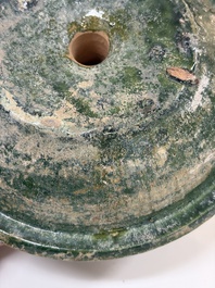 A Chinese green-glazed pottery 'Boshanlu' stemmed censer and cover, Han