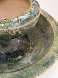 A Chinese green-glazed pottery 'Boshanlu' stemmed censer and cover, Han
