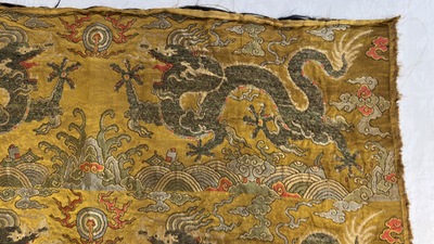 Two Chinese yellow-ground kesi silk 'Dragon' panels, late Ming
