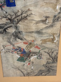 Chinese school: four 'Hunting Scene' paintings, ink and colour on paper, 19/20th C.