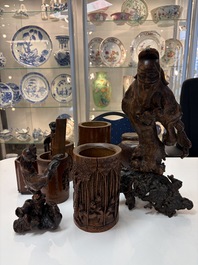 A group of 11 Chinese carved bamboo and wooden works, 19/20th C.