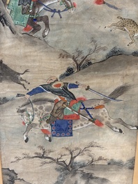 Chinese school: four 'Hunting Scene' paintings, ink and colour on paper, 19/20th C.