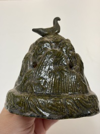 A Chinese green-glazed pottery 'Boshanlu' stemmed censer and cover, Han