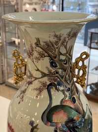 Three Chinese famille rose vases, signed Hu Yuanxin 胡源鑫, Luo Yisheng 羅義盛 and Wang Shengtai 汪生泰, 20th C.