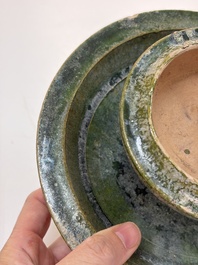A Chinese green-glazed pottery 'Boshanlu' stemmed censer and cover, Han