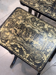 A set of three Chinese Canton gilt-lacquered nesting tables with narrative design, 19th C.