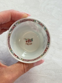 Four Chinese famille rose cups and saucers, Yongzheng/Qianlong