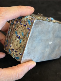 A Chinese enamelled silver rectangular casket adorned with an agate Millefo Buddha, 20th C.