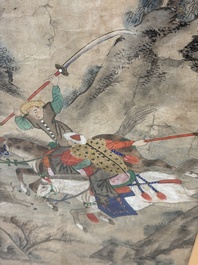 Chinese school: four 'Hunting Scene' paintings, ink and colour on paper, 19/20th C.
