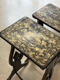 A set of three Chinese Canton gilt-lacquered nesting tables with narrative design, 19th C.