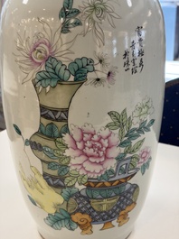 A Chinese famille rose 'Meng Mu San Qian 孟母三遷' and 'Antiquities' vase, signed Ye Yichun 葉宜春, dated 1923