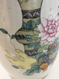A Chinese famille rose 'Meng Mu San Qian 孟母三遷' and 'Antiquities' vase, signed Ye Yichun 葉宜春, dated 1923