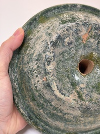 A Chinese green-glazed pottery 'Boshanlu' stemmed censer and cover, Han