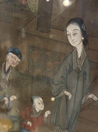 Chinese school: 'Courtyard Scenes with Figures', ink and colour on silk, 19th C.