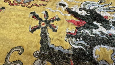 Two Chinese yellow-ground kesi silk 'Dragon' panels, late Ming
