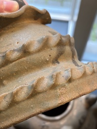 A large inscribed Chinese spiked funerary jar and cover, Northern Song, dated 1026